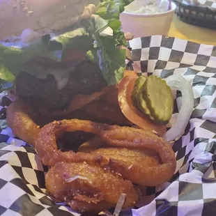 Western BBQ Burger and onion rings