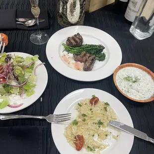 Lamb orzo Greek salad tzatziki