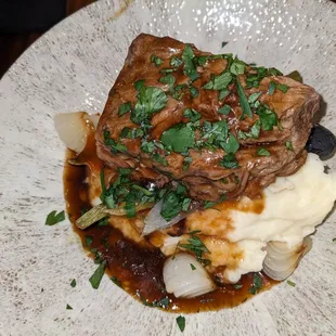 Short Rib over Whipped Potatoes with Roasted Veggies and Cipollini Onions