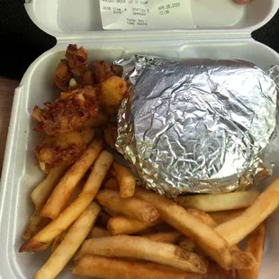 Burnt cheese bites and no Cajun seasoning on fries