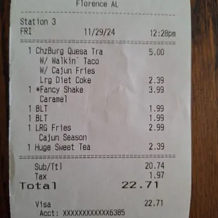 My receipt for payment of our order. Very reasonably priced.