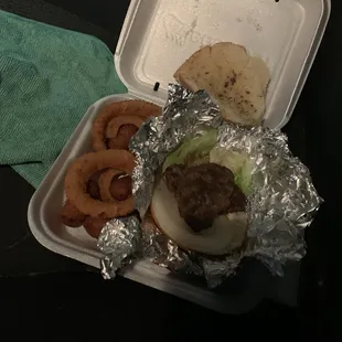 One burger broke in half to make a double