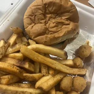Hamburgers. Cajun fries and cheese balls.