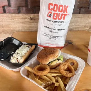 Big Double Burger with everything; fries and onion-rings. Cook out style hot dog for dessert.