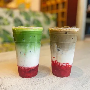 Left: matcha strawberry latte  Right: hojicha strawberry latte