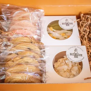 Ube Latte Cookies, Strawberry sugar cookies, matcha white chocolate, chocolate chunks