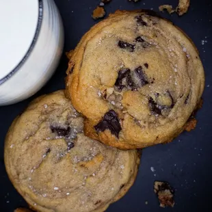 chocolate chip cookies and a glass of milk