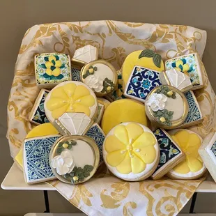 a tray of decorated cookies