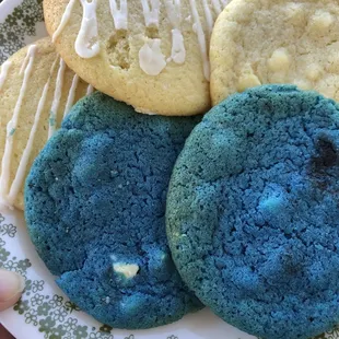 Lemon on left and top, white chocolate top right, blue Cookie Monster.