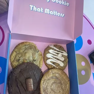 Chocolate chip, apple cinnamon oatmeal, Twix, honey bun