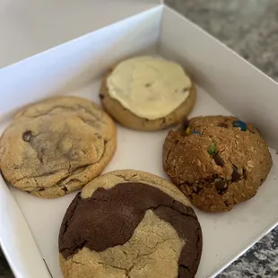 Top Left: chocolate chip Top Right: Orange Blossom Bottoms left: Brookie Bottom Right: Monster