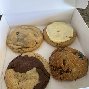 Top Left: chocolate chip Top Right: Orange Blossom Bottoms left: Brookie Bottom Right: Monster