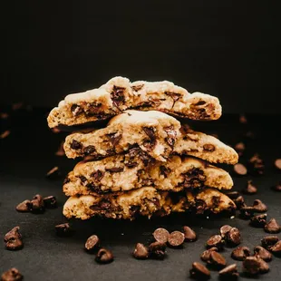 a stack of chocolate chip cookies