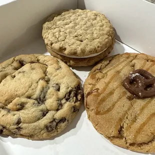 Chocolate chip, oatmeal sandwich with a cream cheese filling, and Take 5 which is similar to a Reese's.