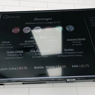 Cookie Co- Montgomery - their drink menu- notice there is No coffee