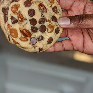 a hand holding a chocolate chip cookie