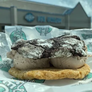 Picture doesn&apos;t do justice as to how MASSIVE this thing is! (Chocolate cookie, strawberry ice cream, traditional sugar cookie)