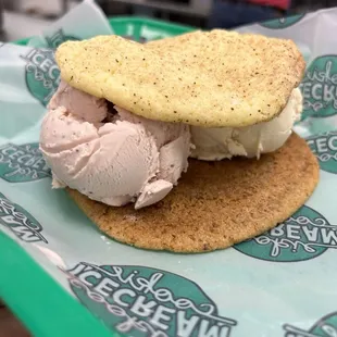 Snickerdoodle and chocolate chip cookies with peanut butter and strawberry ice creams