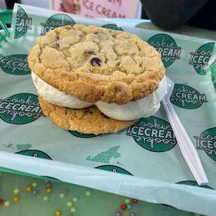 Gluten free chocolate chip cookie sandwich with vanilla ice cream