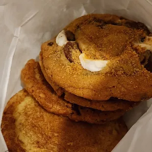 Smores, snickerdoodles, white chocolate cranberry oatmeal and peanut butter toffee