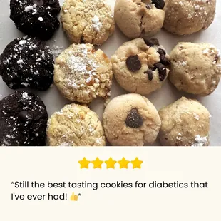 Gluten free, vegan, no added sugar cookies. Available in chocolate chip, chocolate chocolate chip, lemon, and snowball.