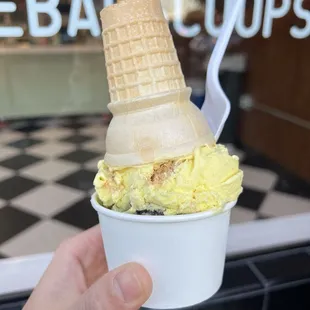 Dan tat (egg tarts) ice cream with matcha Oreo at the bottom