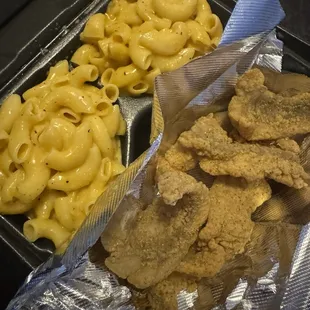 Catfish Dinner with two sides of Macaroni and Cheese.