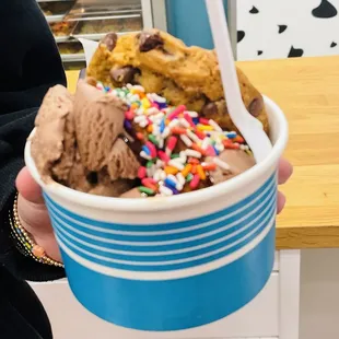 Chocolate chip cookie and chocolate ice cream, and of course sprinkles