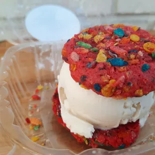 Fruity pebbles cookie sandwich w/ vanilla ice-cream