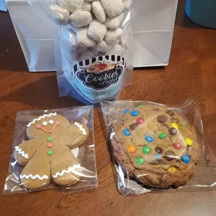 Gingerbread man, M&amp;M drop cookie and white stuff!!
