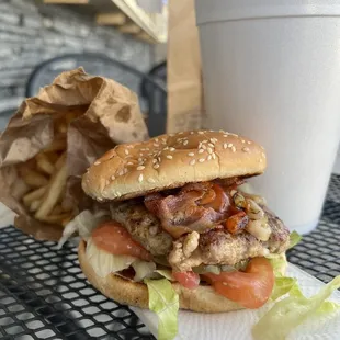 Wild &quot;Boar&quot;ger, medium fries, large drink