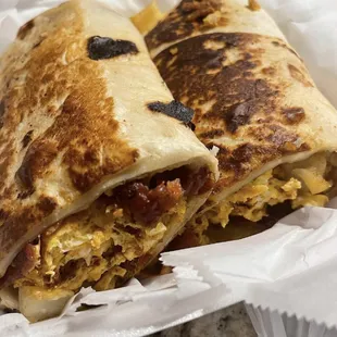 Breakfast burrito w bacon, egg, cheese and potato