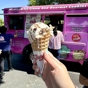 To Die For: vanilla with brownie chunks, fudge, peanut butter on a waffle cone