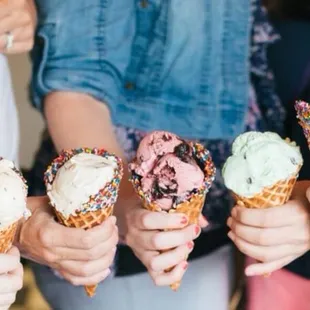 Fresh baked waffles cones, have one dipped for an extra treat.