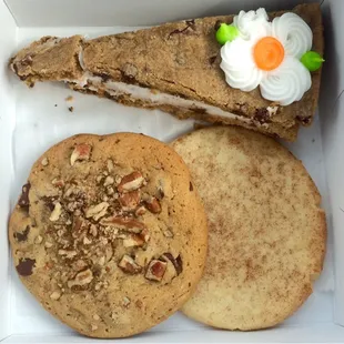 Slice of cookie cake, chocolate pecan, and snicker doodle