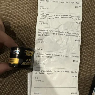 Receipt showing the charge for the 1g concentrate and the .5g they gave me.