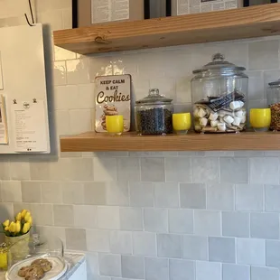 a kitchen counter and shelves