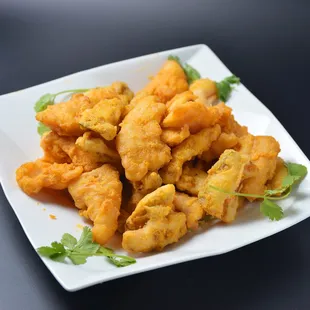 fish filet &amp; pumpkin, crispy fried w/ egg yolk