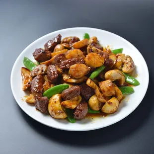 scallop &amp; beef steak in honey pepper sauce