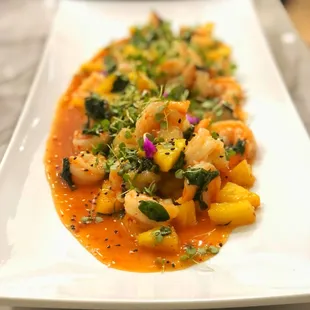 Sautéed Sweet Chili Shrimp  Spinach, Crispy Pineapple Topped with Black and White Sesame Seeds and Micro Greens ~Chef Steven Ferneding