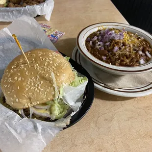 Double cheese burger and chili