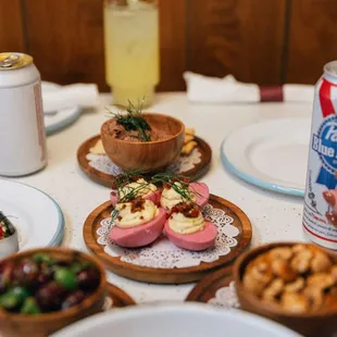 BEER &amp; BAR SNACKS: Beet Pickled Deviled Eggs, Tinned Fish, Olives, Chicken Liver Pate)