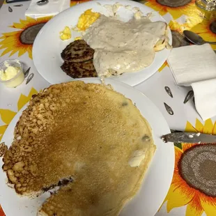 Chocolate Chip Pancake, Biscuits &amp; Gravy combo, French toast trio