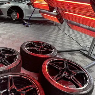 Infrared light curing the Ceramic Coated wheels and wheel drums. For ease of maintenance. 5 year warranty. Bye  Bye brake dust buildup.