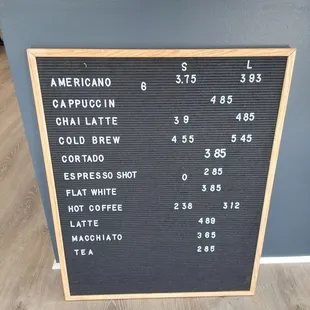 Coffee menu