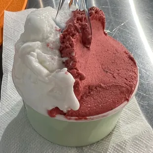 Meyer Lemon (L) and Raspberry (R) Gelato