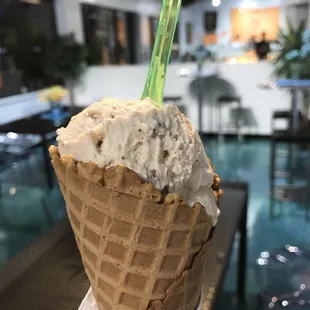 Hazelnut in a waffle cone. Good waking around food on a warm night.