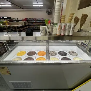Flavors of ice cream at the ice cream cart inside Cool Guys Market