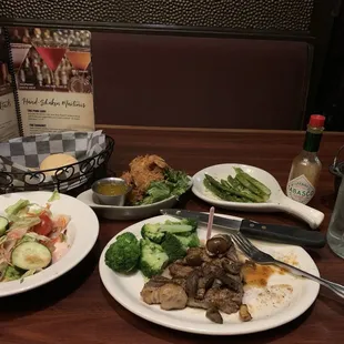 Luke&apos;s Western Ribeye, coconut shrimp, salad, grilled asparagus...