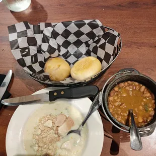 Chicken pot pie soup, baked beans, rolls